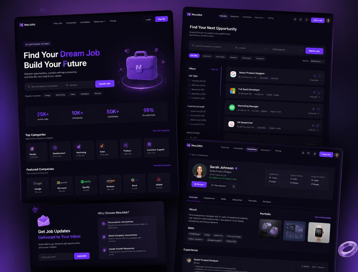 NeoJobz recruitment platform website preview showing job listings and candidate profiles
