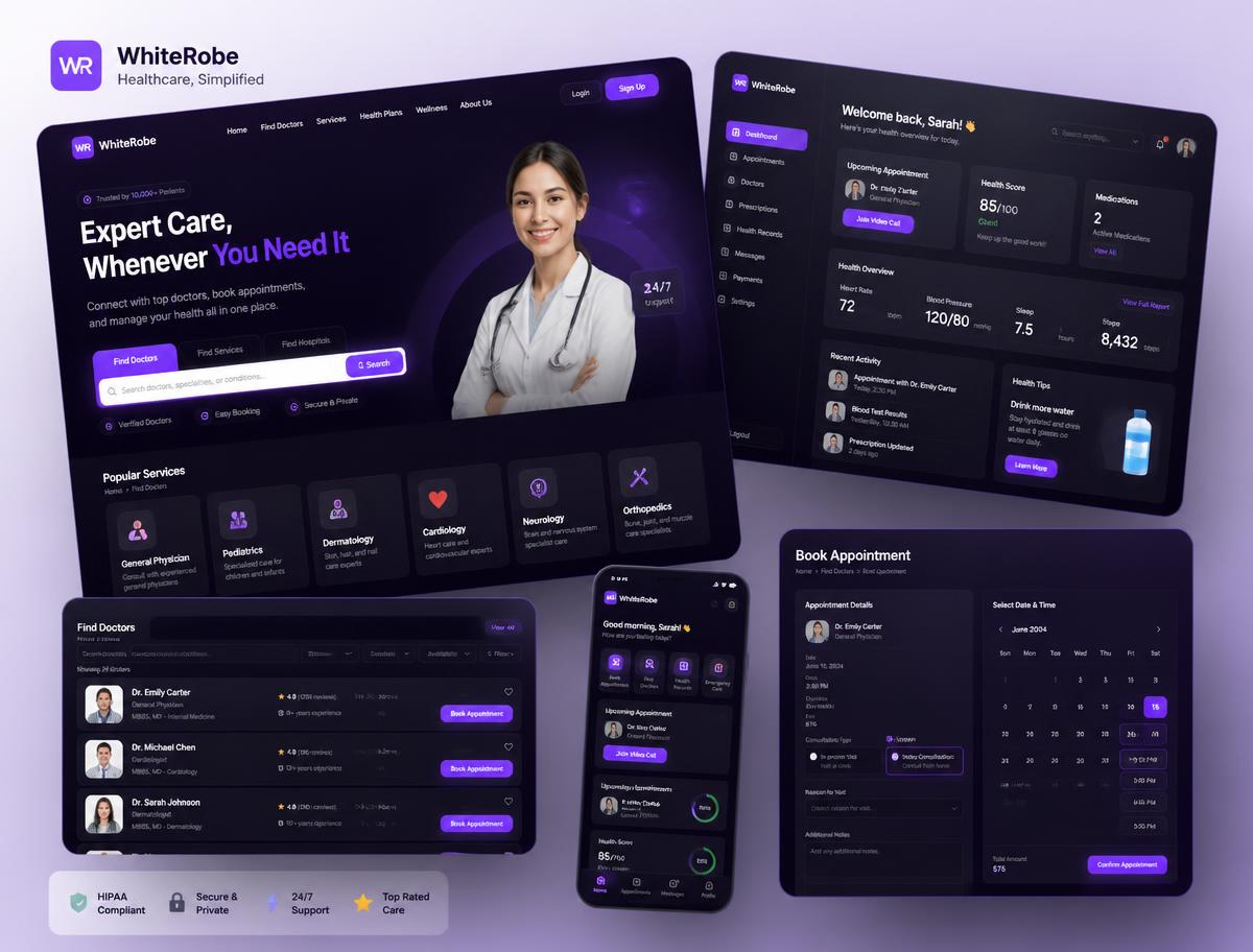 WhiteRobe healthcare platform website preview showing doctor search and appointment booking